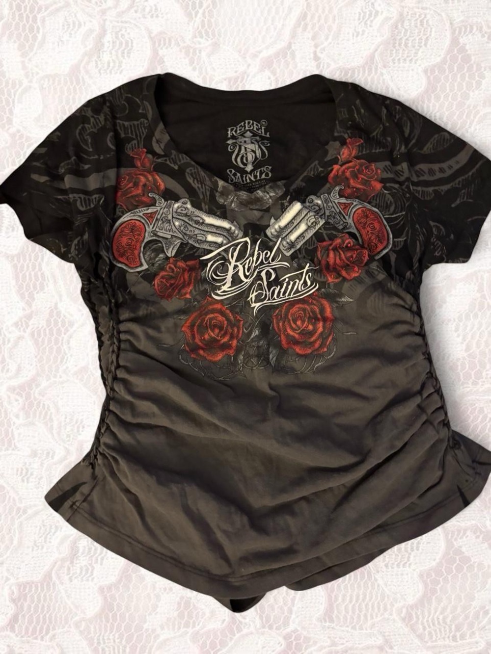 Rebel Saints Black Short-Sleeve Tee with Red Rose & Graphic